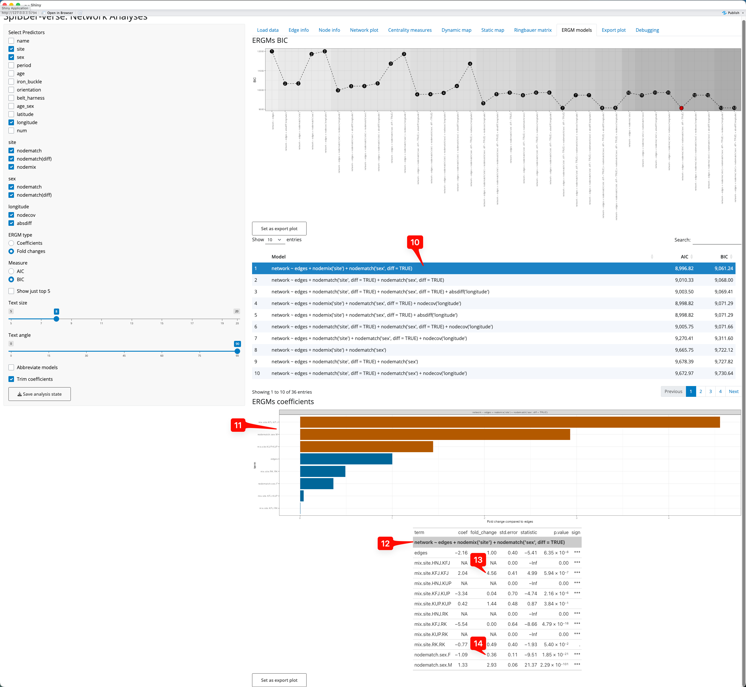 Figure 20: ERGMs tab - selecting a model an interpreting the output.